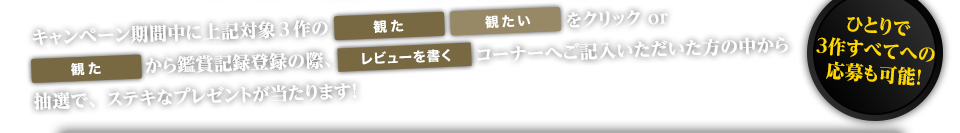 キャンペーン期間中に上記対象3作の「観た」「観たい」をクリック or 「観た」から鑑賞記録登録の際、「レビューを書く」コーナーへご記入いただいた方の中から抽選で、ステキなプレゼントが当たります！